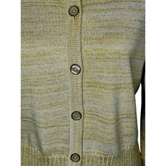 St. John Knitted Button Down Wool Beige Gold Metallic Sweater Cardigan Sz M - Picture 2 of 8